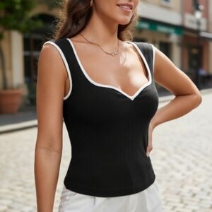 Striking Black and White Contrast Sweetheart Neckline Stretchy Top